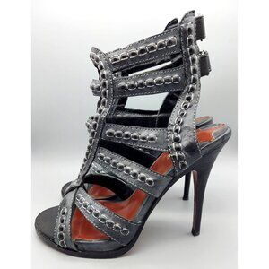 Leon Max All Leather High Heel 4.75" Tall Gray Strappy Shoes Size 8M Sexy